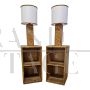 Pair of bamboo and rattan bedside tables with built-in lamps