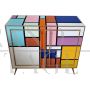 Sideboard in colored glass with illuminated mirror interior