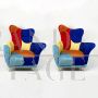 Pair of asymmetric design armchairs in multicolored velvet