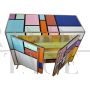 Sideboard in colored glass with illuminated mirror interior