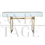 White glass and brass console with two drawers