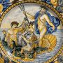 Large antique plate in Neapolitan majolica by Carlo Mollica depicting Neptune                            