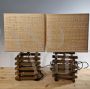 Pair of modernist brass and rattan table lamps                            