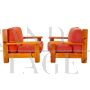 Pair of large vintage armchairs in wood and red velvet, Italy 1970s