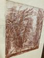 Antique painting drawing with landscape and architecture in red pencil