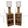 Pair of bamboo and rattan bedside tables with built-in lamps