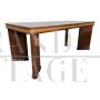 Art deco style table in mahogany and briar with black glass top