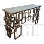 Double-sided console in chrome-gold steel and white Murano glass top