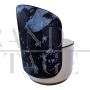 Tub armchair in white velvet and blue and light blue dyed ponyskin