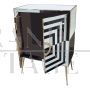 Small sideboard bar cabinet in optical black and white glass and mirror