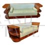 Art deco sofa in wood and white eco-leather with open shelves