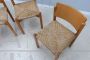 Set of 4 vintage wooden dining chairs with straw seats, 1970s