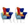 Pair of asymmetric design armchairs in multicolored velvet