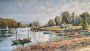 River landscape with boats - oil painting on plywood, France 1950s