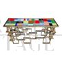 Golden double-sided sculpture console with multicolored Murano glass top