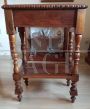 Antique inlaid coffee table with light blue velvet top