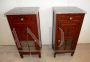 Pair of antique carved bedside tables with marble top and glass door, 1920s