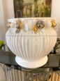 Pair of vintage round white ceramic vases with golden grapes