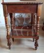 Antique inlaid coffee table with light blue velvet top