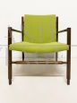 Pair of vintage armchairs in cherry wood and green cotton, 1970s