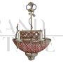 Boat-shaped chandelier covered with red Murano glass beads