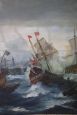 Antique painting of battle between galleons, 19th century, oil on canvas