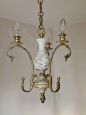 Vintage 3-arm chandelier in bronzed metal and painted ceramic