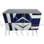 Sideboard with white and blue glass geometries     