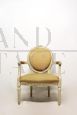 Shabby chic antique style armchair in white wood and beige padding