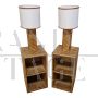 Pair of bamboo and rattan bedside tables with built-in lamps