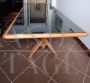 Large vintage walnut table with black glass top