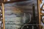 1940s painting depicting a marina with lighthouse, signed