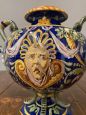 Antique Ginori trilobed majolica vase from 1860 with festoons and blue signature