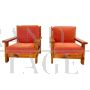 Pair of large vintage armchairs in wood and red velvet, Italy 1970s