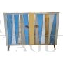 Two-door sideboard with light blue glass and brass geometries