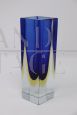 Small 1970s vase in blue and yellow submerged Murano glass