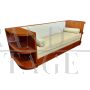 Art deco sofa in wood and white eco-leather with open shelves   