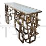 Double-sided console in chrome-gold steel and white Murano glass top