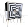 Small sideboard bar cabinet in optical black and white glass and mirror