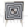 Small sideboard bar cabinet in optical black and white glass and mirror      