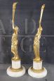 Pair of sculptural female figures in gilded bronze and alabaster