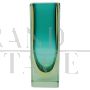 Small 1970s vase in aqua green and yellow submerged Murano glass