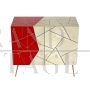 Design sideboard covered in red and parchment-colored glass