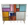 Design sideboard in multicolored glass with illuminated mirror interior