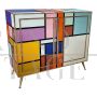 Design sideboard in multicolored glass with illuminated mirror interior