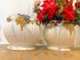 Pair of vintage round white ceramic vases with golden grapes