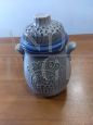 Vintage blue ceramic Rumtopf jar with lid