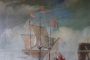 Antique painting of a coastal scene with galleons, 18th century