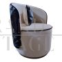 Tub armchair in white velvet and blue and light blue dyed ponyskin