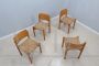 Set of 4 vintage wooden dining chairs with straw seats, 1970s